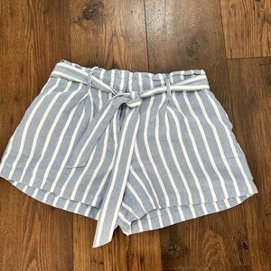 LOFT High Waist belted Striped Shorts in Blue and White